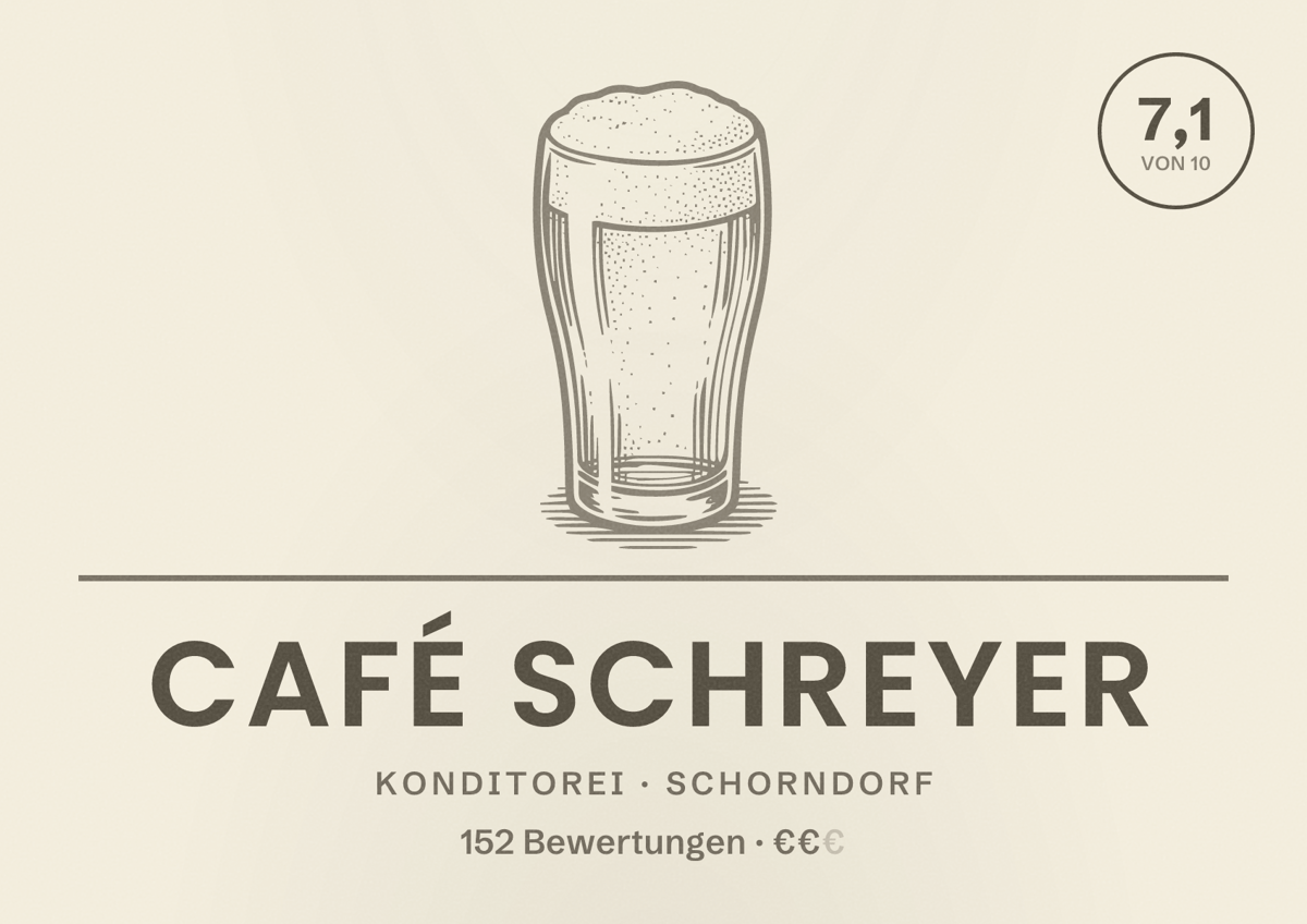 Illustriertes Poster von Café Schreyer, Konditorei in Schorndorf: Bewertung 7,1 von 10 aus 152 Bewertungen, Preisniveau €€