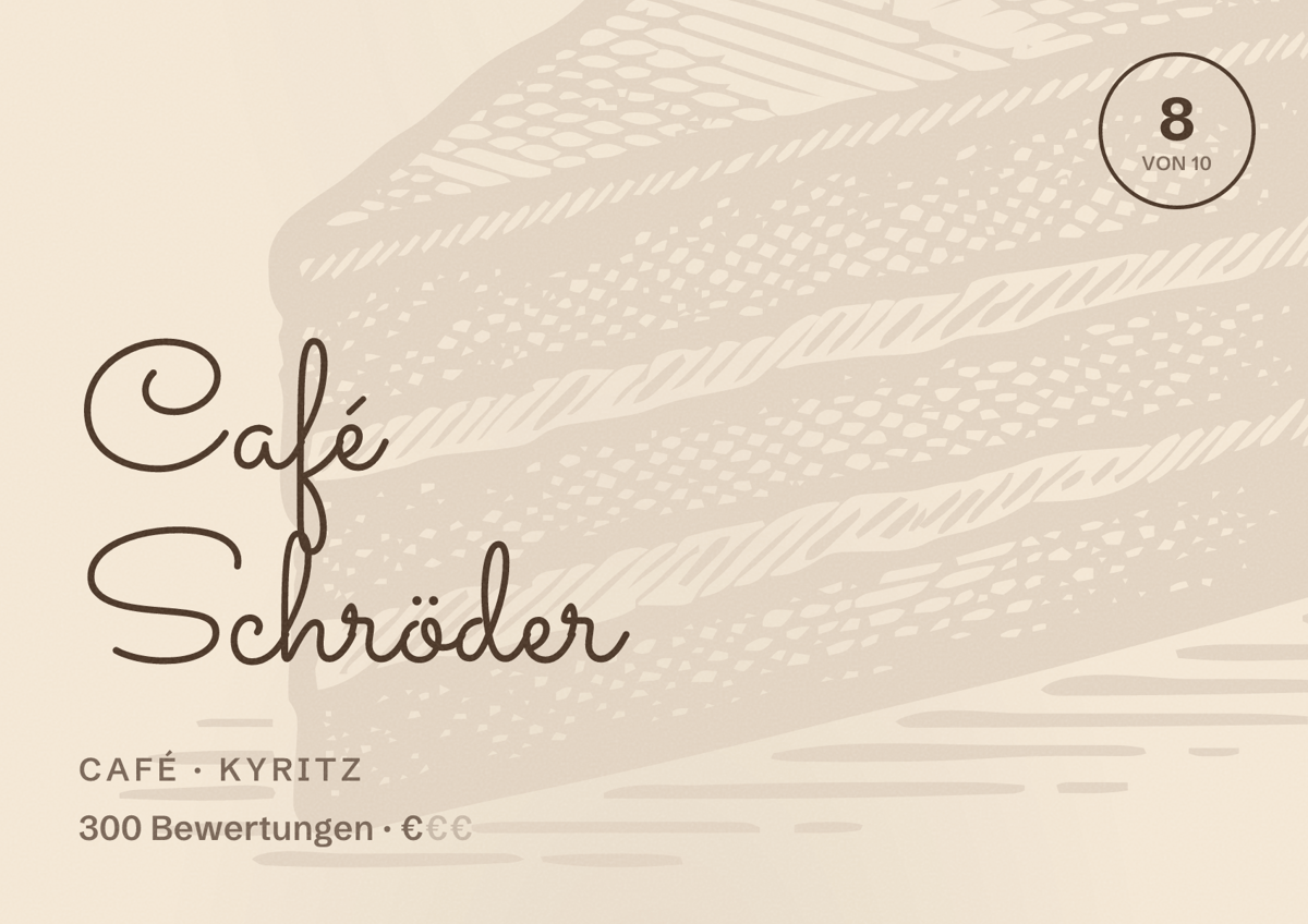 Illustriertes Poster von Café Schröder, Café in Kyritz: Bewertung 8 von 10 aus 300 Bewertungen, Preisniveau €