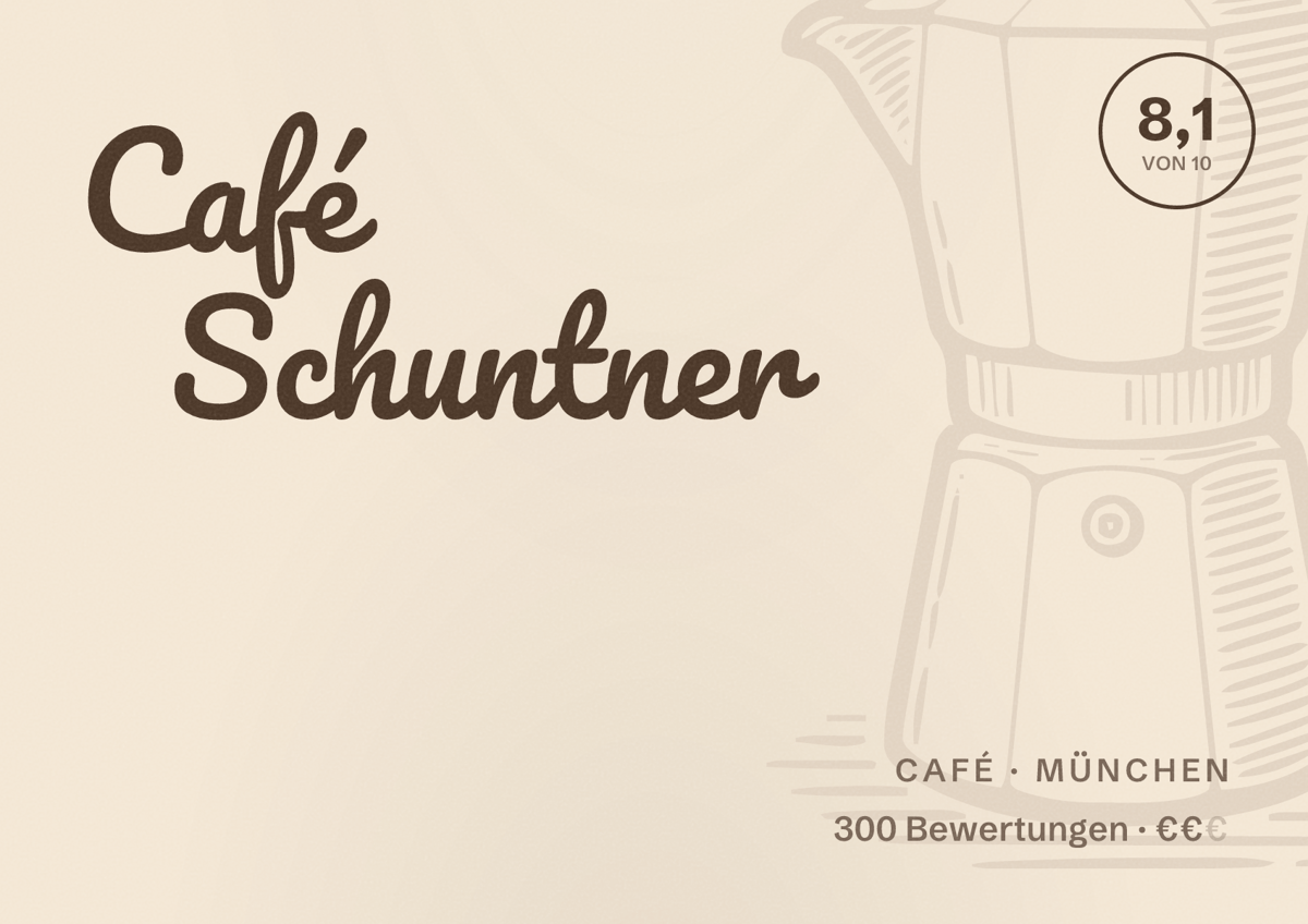 Illustriertes Poster von Café Schuntner, Café in München: Bewertung 8,1 von 10 aus 300 Bewertungen, Preisniveau €€