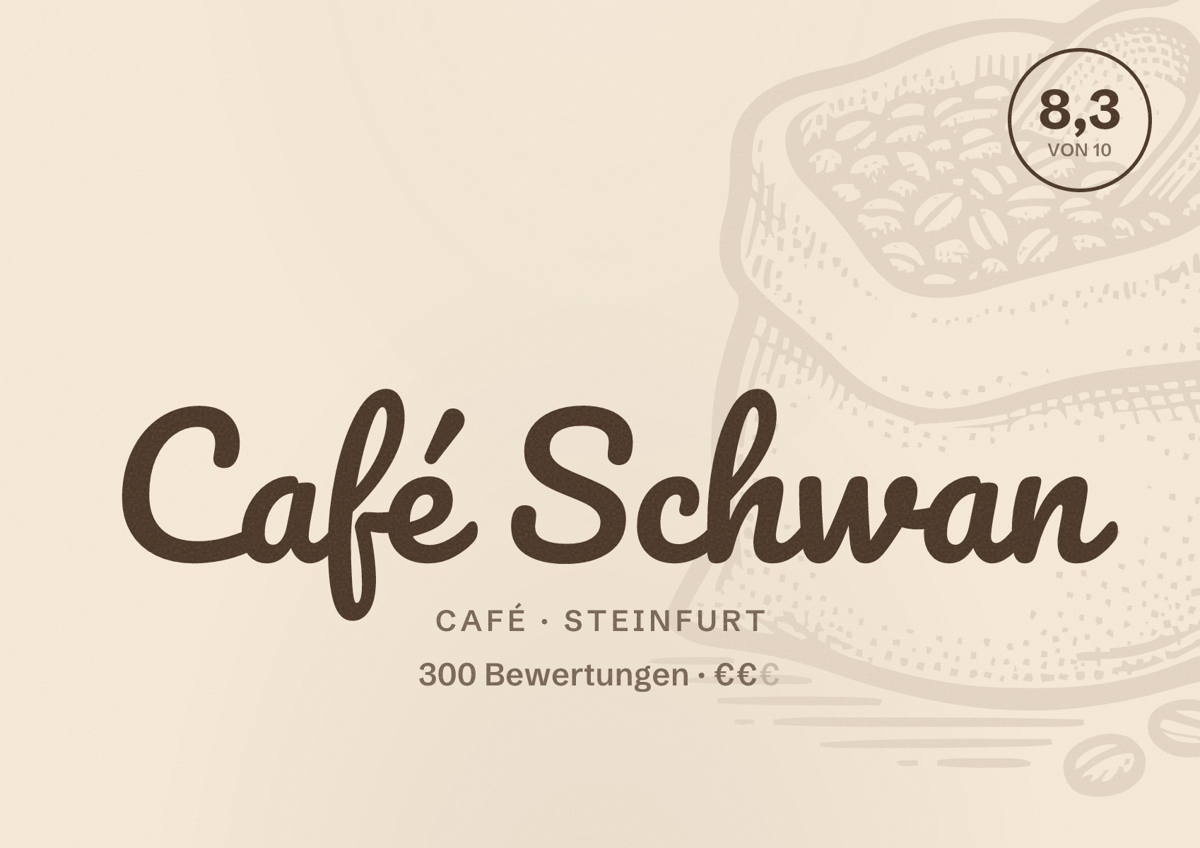Illustriertes Poster von Café Schwan, Café in Steinfurt: Bewertung 8,3 von 10 aus 300 Bewertungen, Preisniveau €€