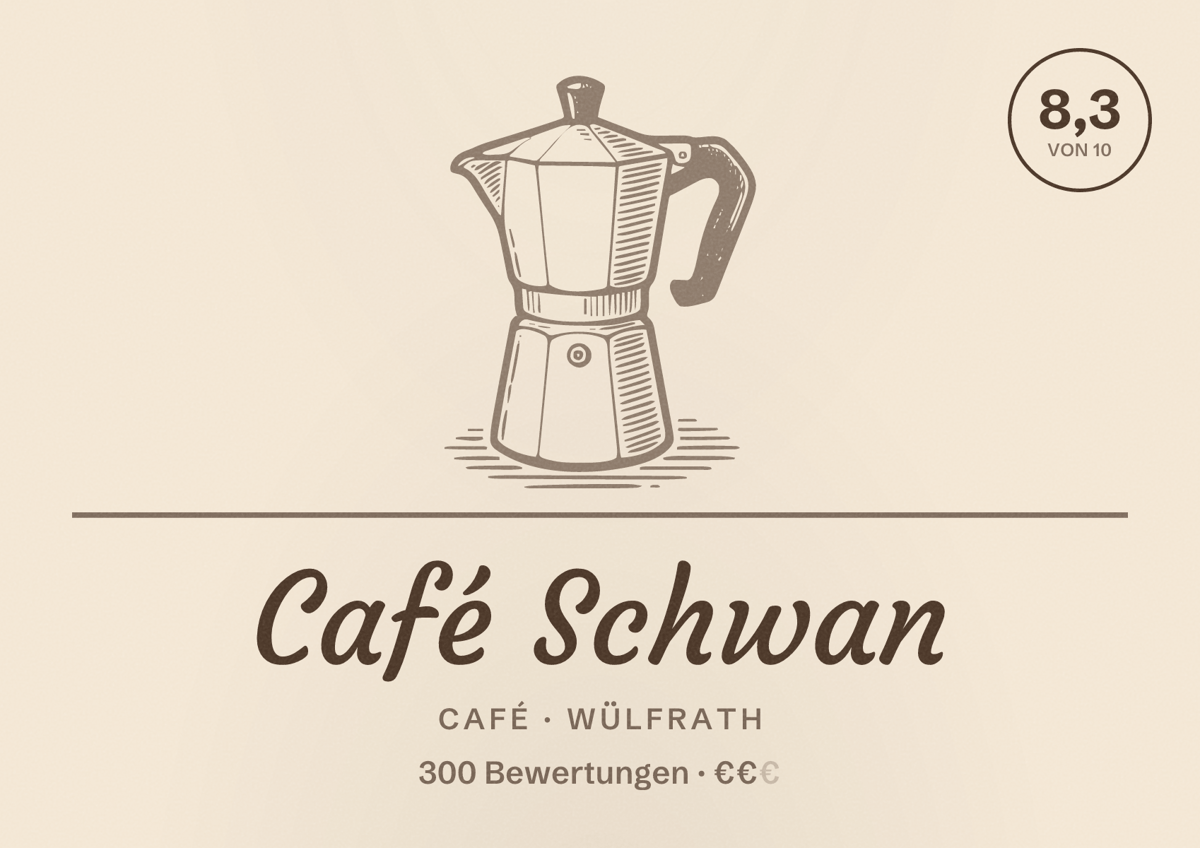Illustriertes Poster von Café Schwan, Café in Wülfrath: Bewertung 8,3 von 10 aus 300 Bewertungen, Preisniveau €€