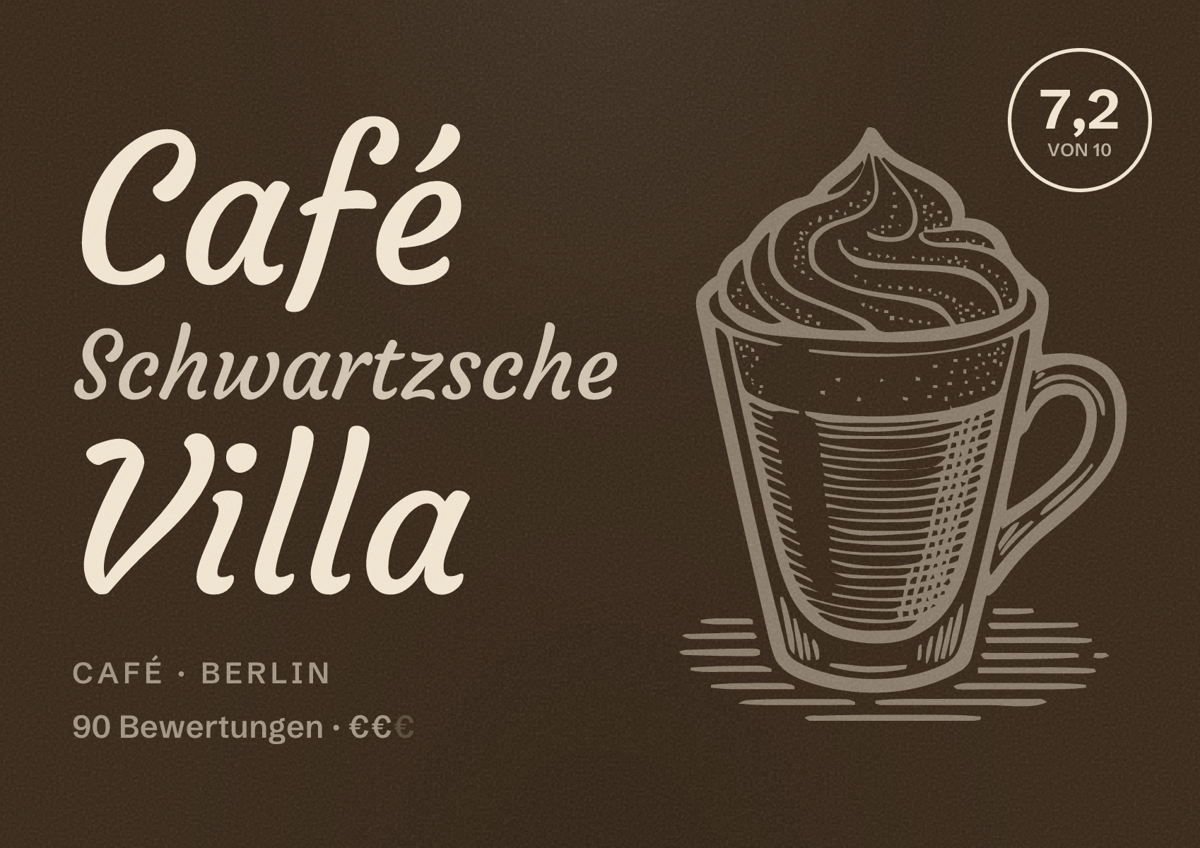 Illustriertes Poster von Café Schwartzsche Villa, Café in Berlin: Bewertung 7,2 von 10 aus 90 Bewertungen, Preisniveau €€