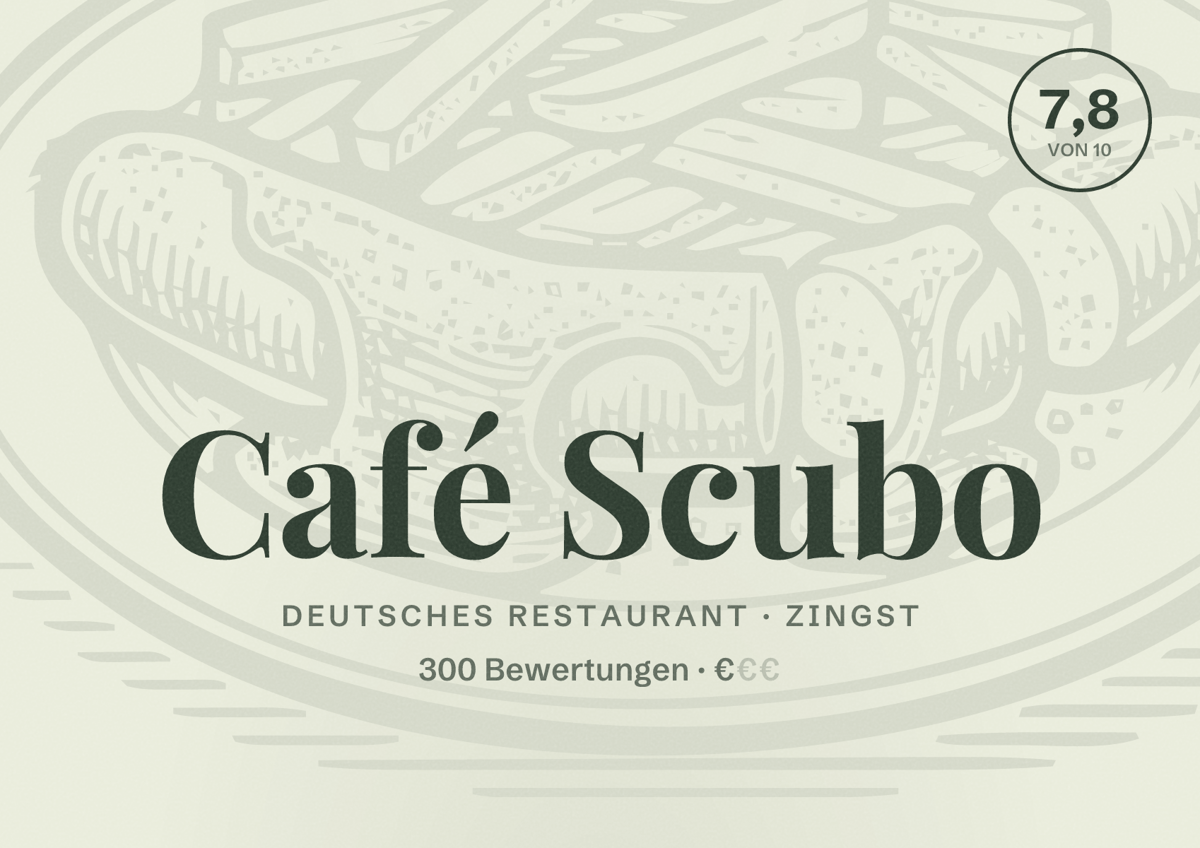 Illustriertes Poster von Café Scubo, Deutsches Restaurant in Zingst: Bewertung 7,8 von 10 aus 300 Bewertungen, Preisniveau €