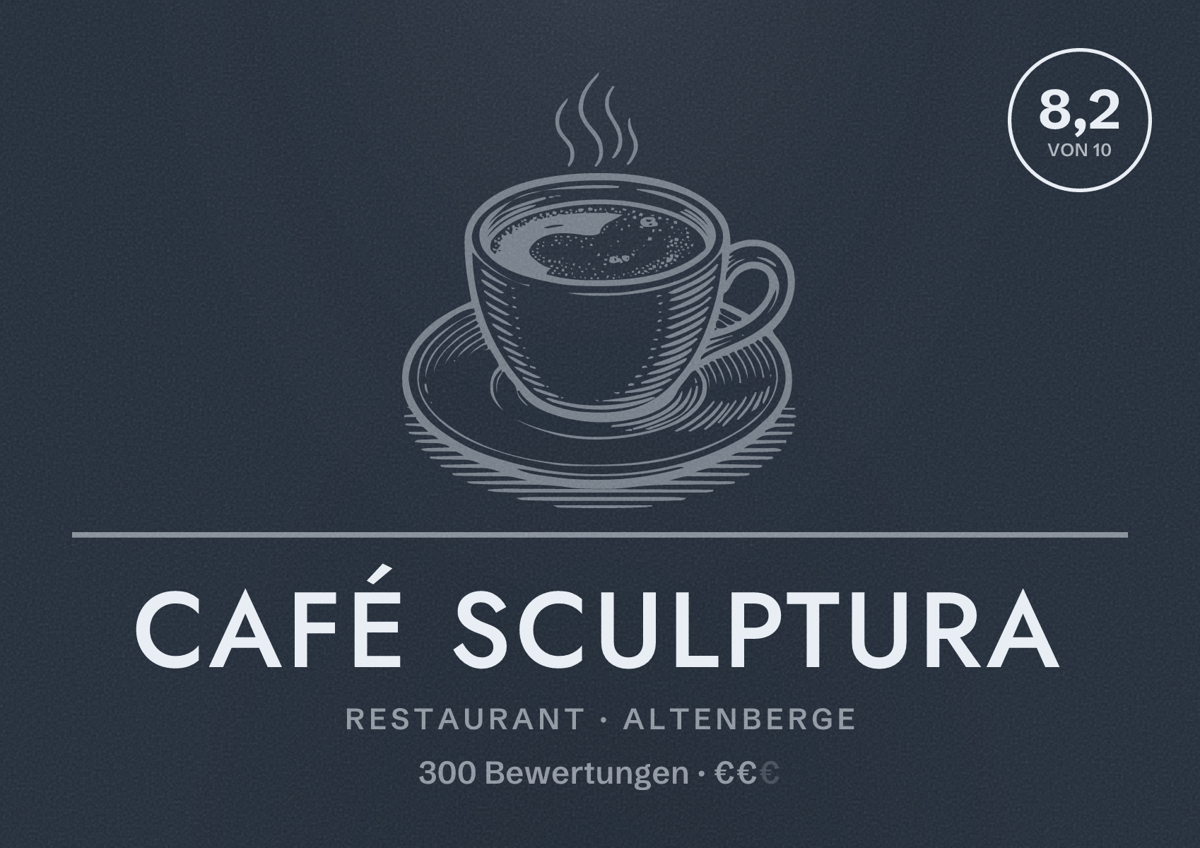 Illustriertes Poster von Café Sculptura, Restaurant in Altenberge: Bewertung 8,2 von 10 aus 300 Bewertungen, Preisniveau €€