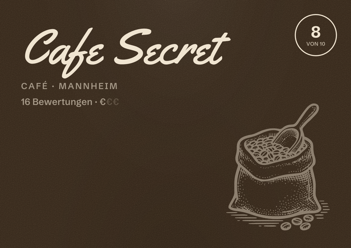 Illustriertes Poster von Cafe Secret, Café in Mannheim: Bewertung 8 von 10 aus 16 Bewertungen, Preisniveau €