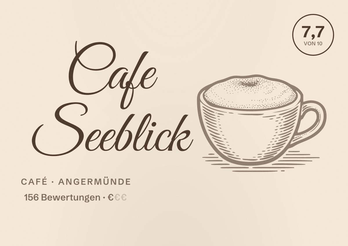 Illustriertes Poster von Cafe Seeblick, Café in Angermünde: Bewertung 7,7 von 10 aus 156 Bewertungen, Preisniveau €