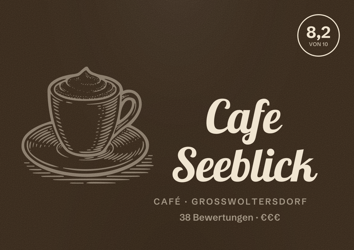 Illustriertes Poster von Cafe Seeblick, Café in Großwoltersdorf: Bewertung 8,2 von 10 aus 38 Bewertungen, Preisniveau €€€