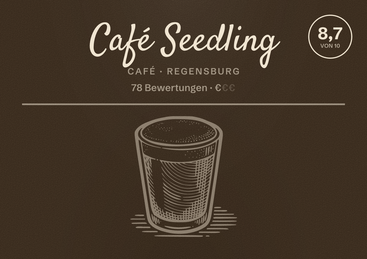 Illustriertes Poster von Café Seedling, Café in Regensburg: Bewertung 8,7 von 10 aus 78 Bewertungen, Preisniveau €