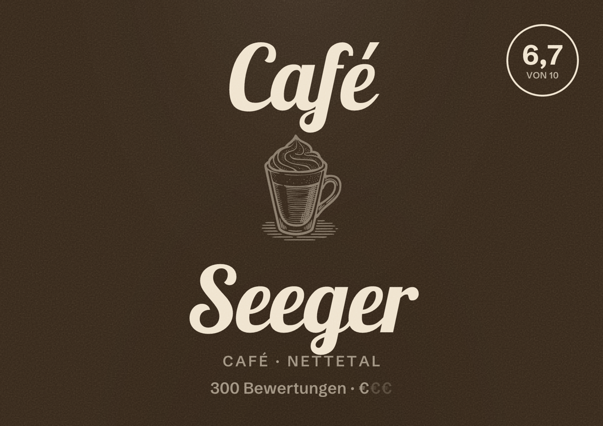 Illustriertes Poster von Café Seeger, Café in Nettetal: Bewertung 6,7 von 10 aus 300 Bewertungen, Preisniveau €