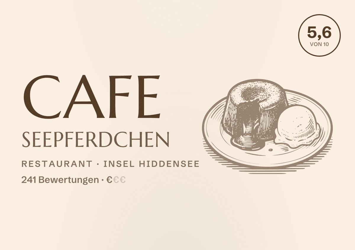 Illustriertes Poster von Cafe Seepferdchen, Restaurant in Insel Hiddensee: Bewertung 5,6 von 10 aus 241 Bewertungen, Preisniveau €