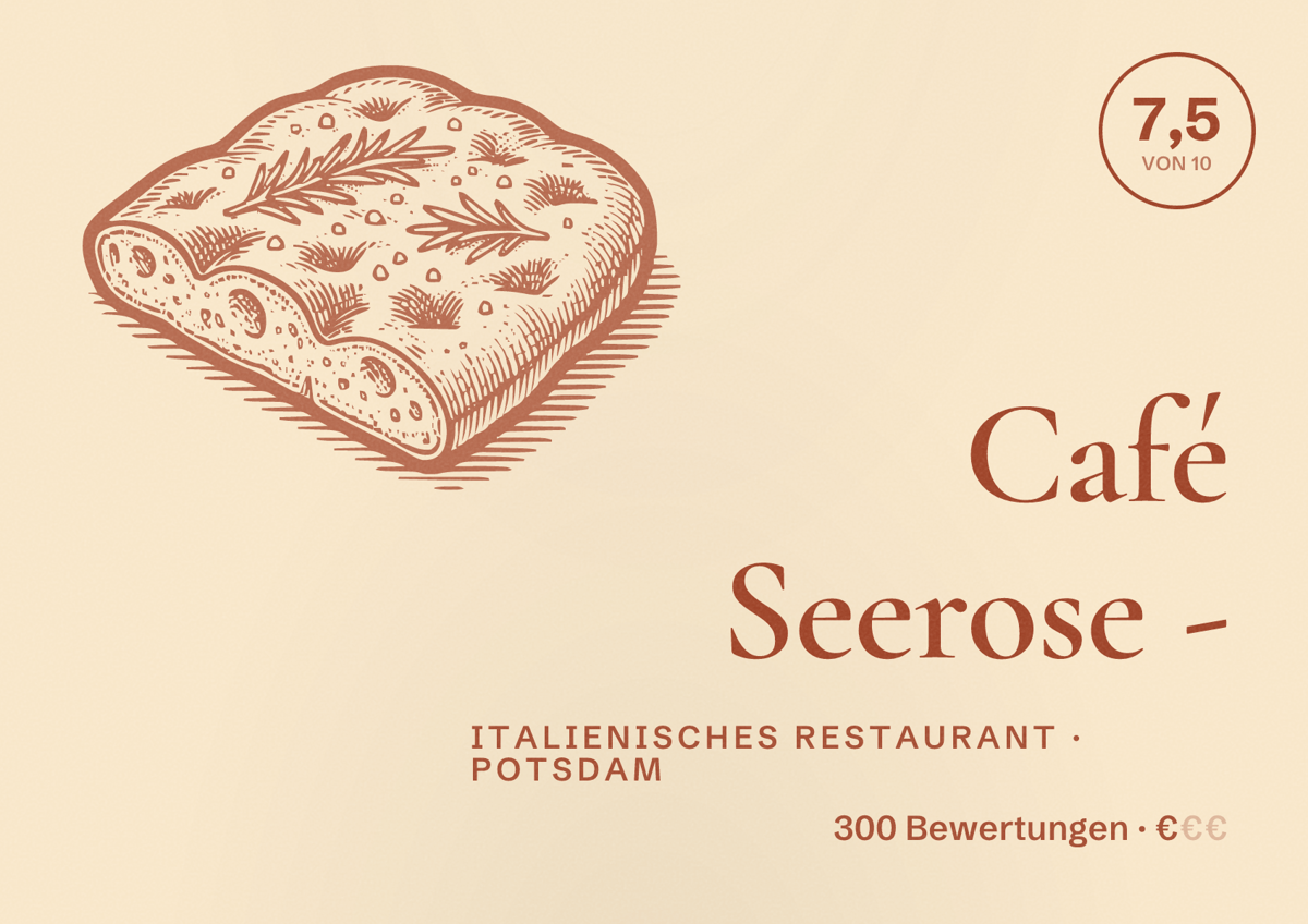 Illustriertes Poster von Café Seerose -, Italienisches Restaurant in Potsdam: Bewertung 7,5 von 10 aus 300 Bewertungen, Preisniveau €