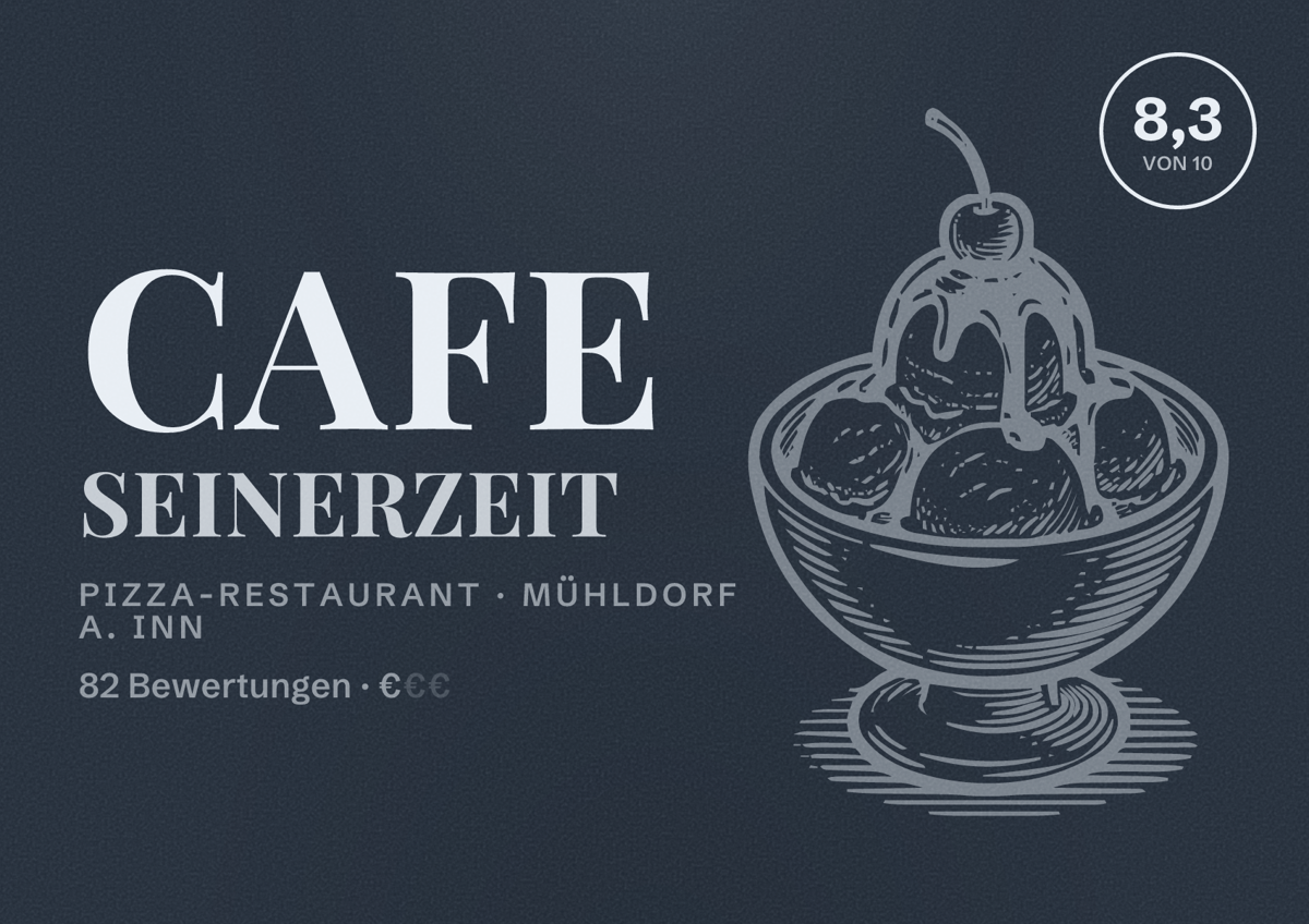 Illustriertes Poster von Cafe Seinerzeit, Pizza-Restaurant in Mühldorf a. Inn: Bewertung 8,3 von 10 aus 82 Bewertungen, Preisniveau €