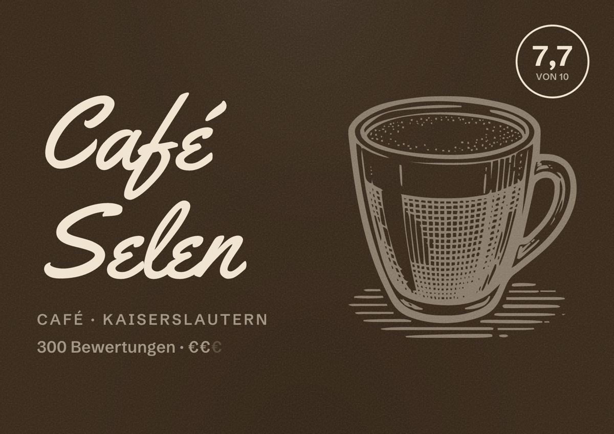Illustriertes Poster von Café Selen, Café in Kaiserslautern: Bewertung 7,7 von 10 aus 300 Bewertungen, Preisniveau €€