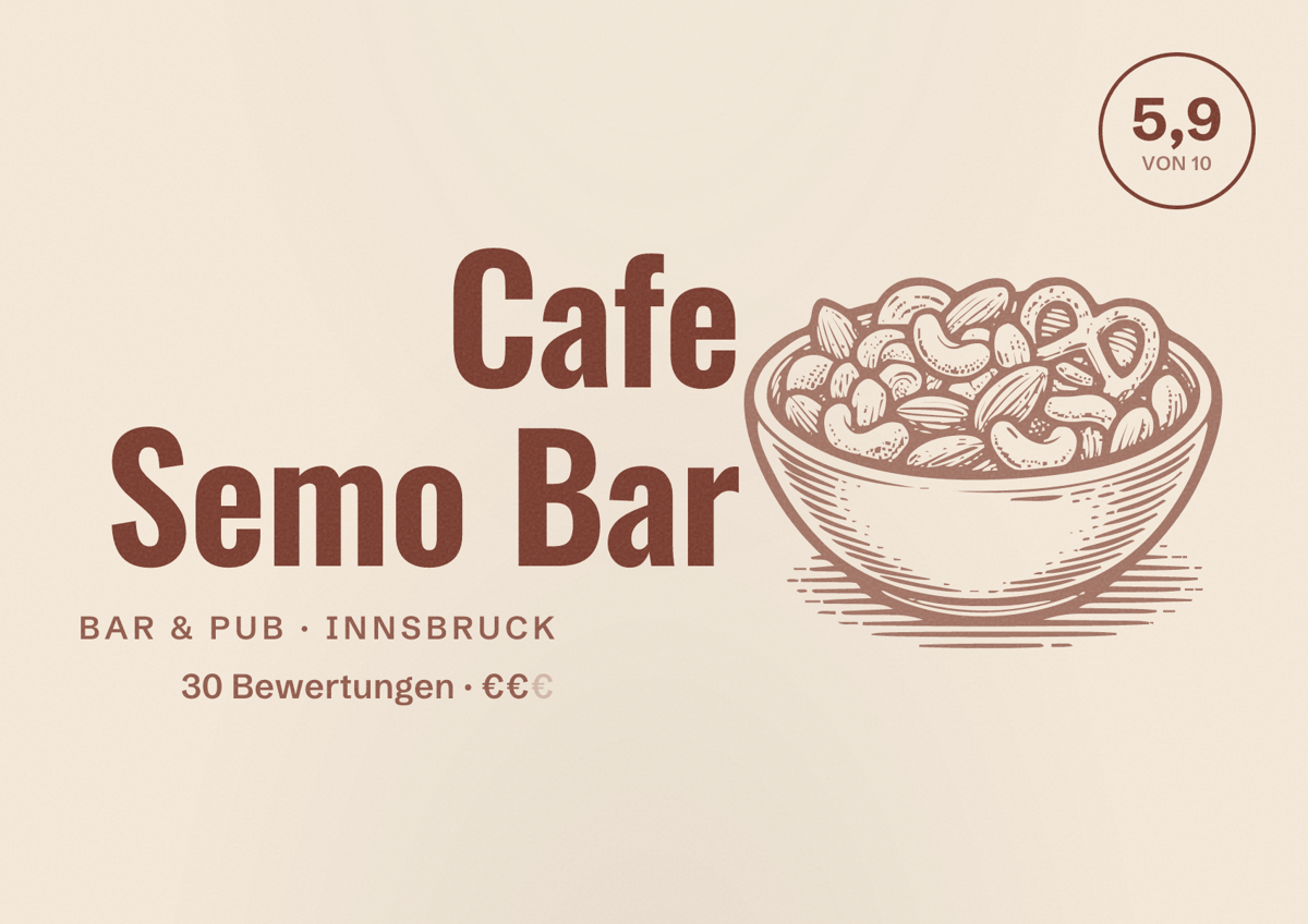 Illustriertes Poster von Cafe Semo Bar, Bar & Pub in Innsbruck: Bewertung 5,9 von 10 aus 30 Bewertungen, Preisniveau €€