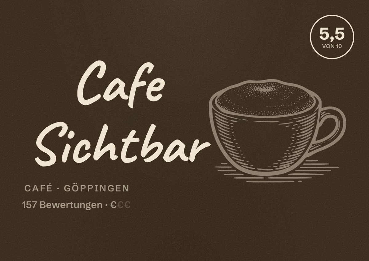 Illustriertes Poster von Cafe Sichtbar, Café in Göppingen: Bewertung 5,5 von 10 aus 157 Bewertungen, Preisniveau €