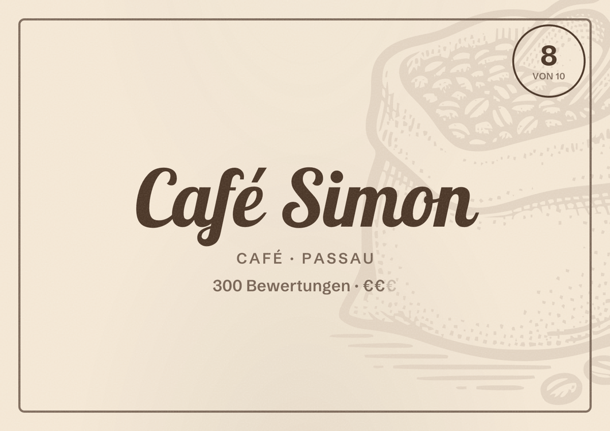 Illustriertes Poster von Café Simon, Café in Passau: Bewertung 8 von 10 aus 300 Bewertungen, Preisniveau €€