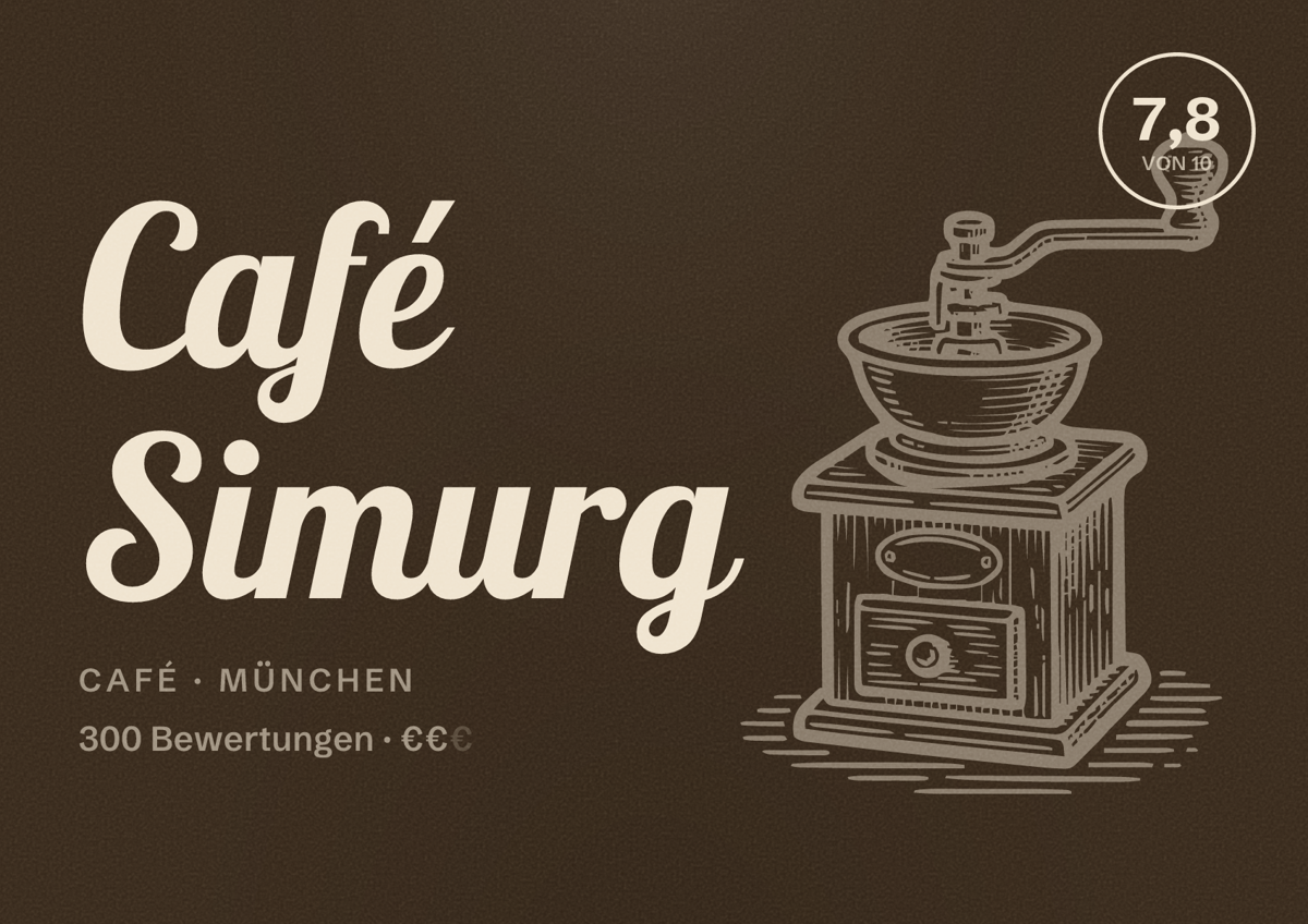 Illustriertes Poster von Café Simurg, Café in München: Bewertung 7,8 von 10 aus 300 Bewertungen, Preisniveau €€