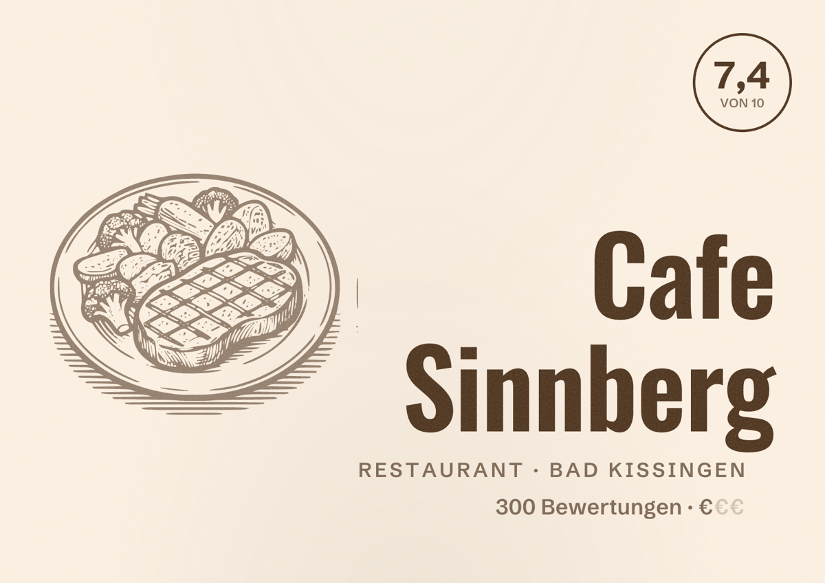 Illustriertes Poster von Cafe Sinnberg, Restaurant in Bad Kissingen: Bewertung 7,4 von 10 aus 300 Bewertungen, Preisniveau €