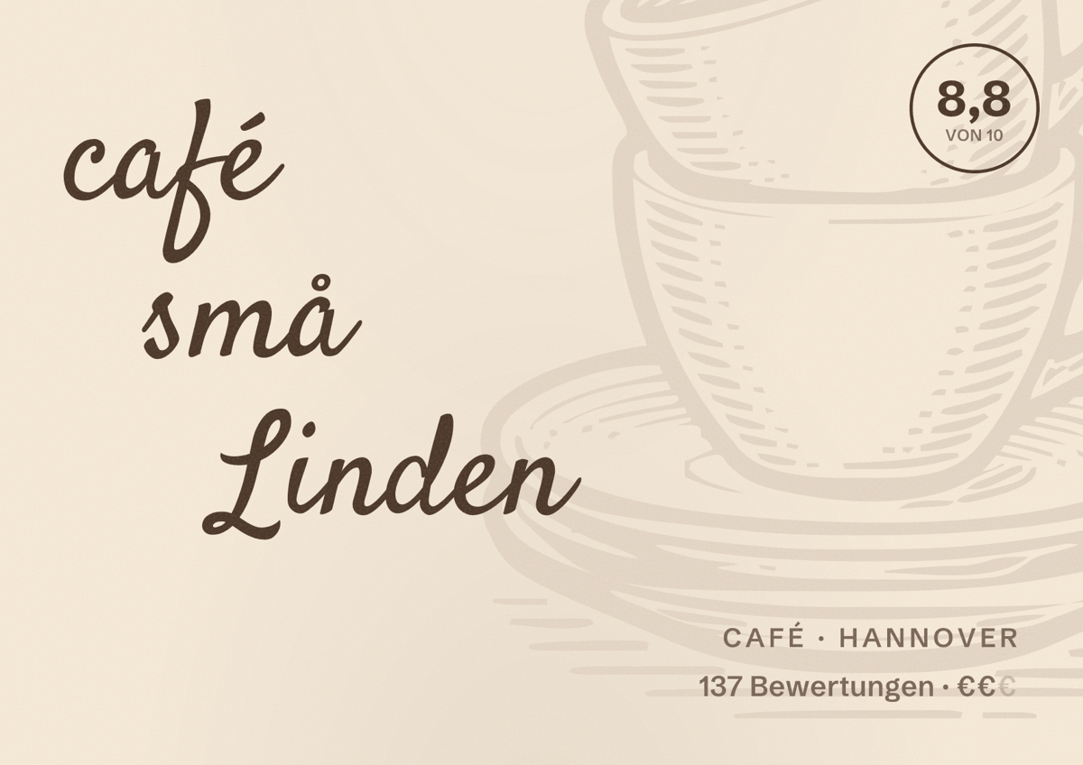 Illustriertes Poster von café små Linden, Café in Hannover: Bewertung 8,8 von 10 aus 137 Bewertungen, Preisniveau €€