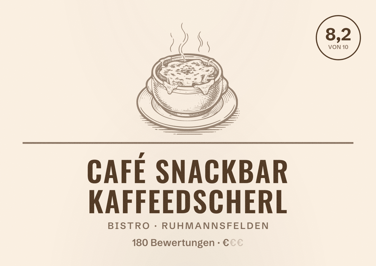 Illustriertes Poster von Café Snackbar Kaffeedscherl, Bistro in Ruhmannsfelden: Bewertung 8,2 von 10 aus 180 Bewertungen, Preisniveau €