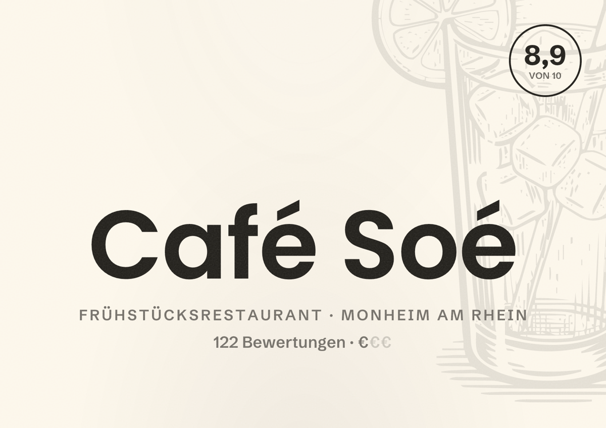 Illustriertes Poster von Café Soé, Frühstücksrestaurant in Monheim am Rhein: Bewertung 8,9 von 10 aus 122 Bewertungen, Preisniveau €