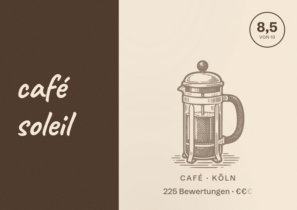Illustriertes Poster von café soleil, Café in Köln: Bewertung 8,5 von 10 aus 225 Bewertungen, Preisniveau €€