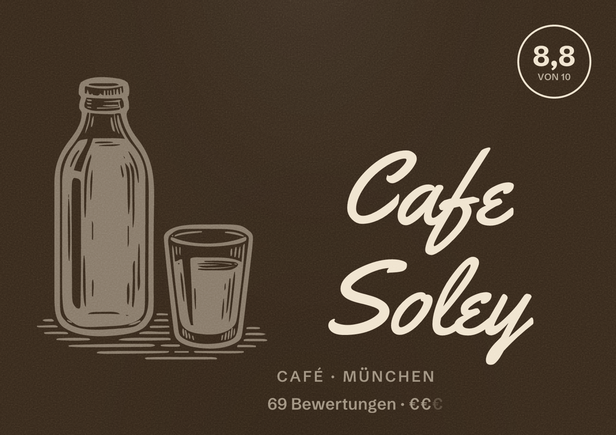 Illustriertes Poster von Cafe Soley, Café in München: Bewertung 8,8 von 10 aus 69 Bewertungen, Preisniveau €€