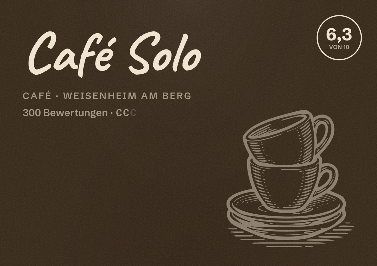 Illustriertes Poster von Café Solo, Café in Weisenheim am Berg: Bewertung 6,3 von 10 aus 300 Bewertungen, Preisniveau €€