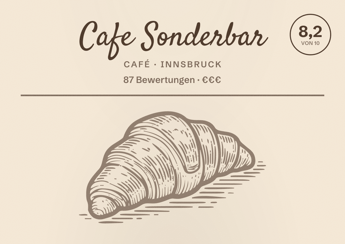 Illustriertes Poster von Cafe Sonderbar, Café in Innsbruck: Bewertung 8,2 von 10 aus 87 Bewertungen, Preisniveau €€€