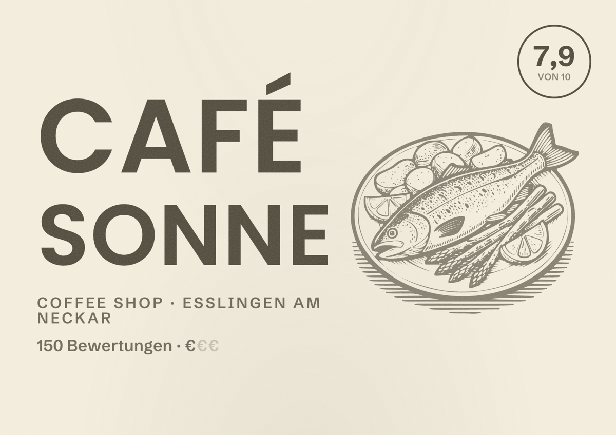 Illustriertes Poster von Café Sonne, Coffee Shop in Esslingen am Neckar: Bewertung 7,9 von 10 aus 150 Bewertungen, Preisniveau €