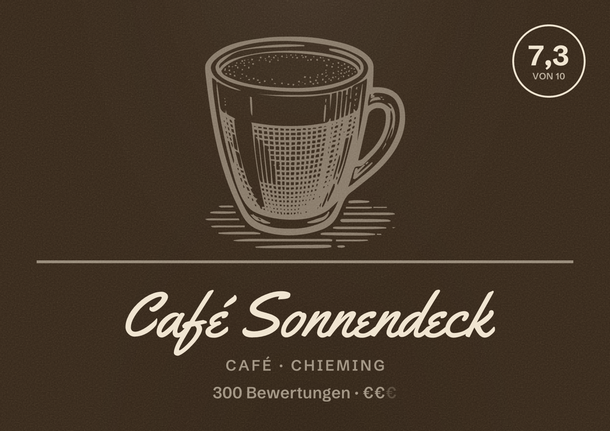 Illustriertes Poster von Café Sonnendeck, Café in Chieming: Bewertung 7,3 von 10 aus 300 Bewertungen, Preisniveau €€
