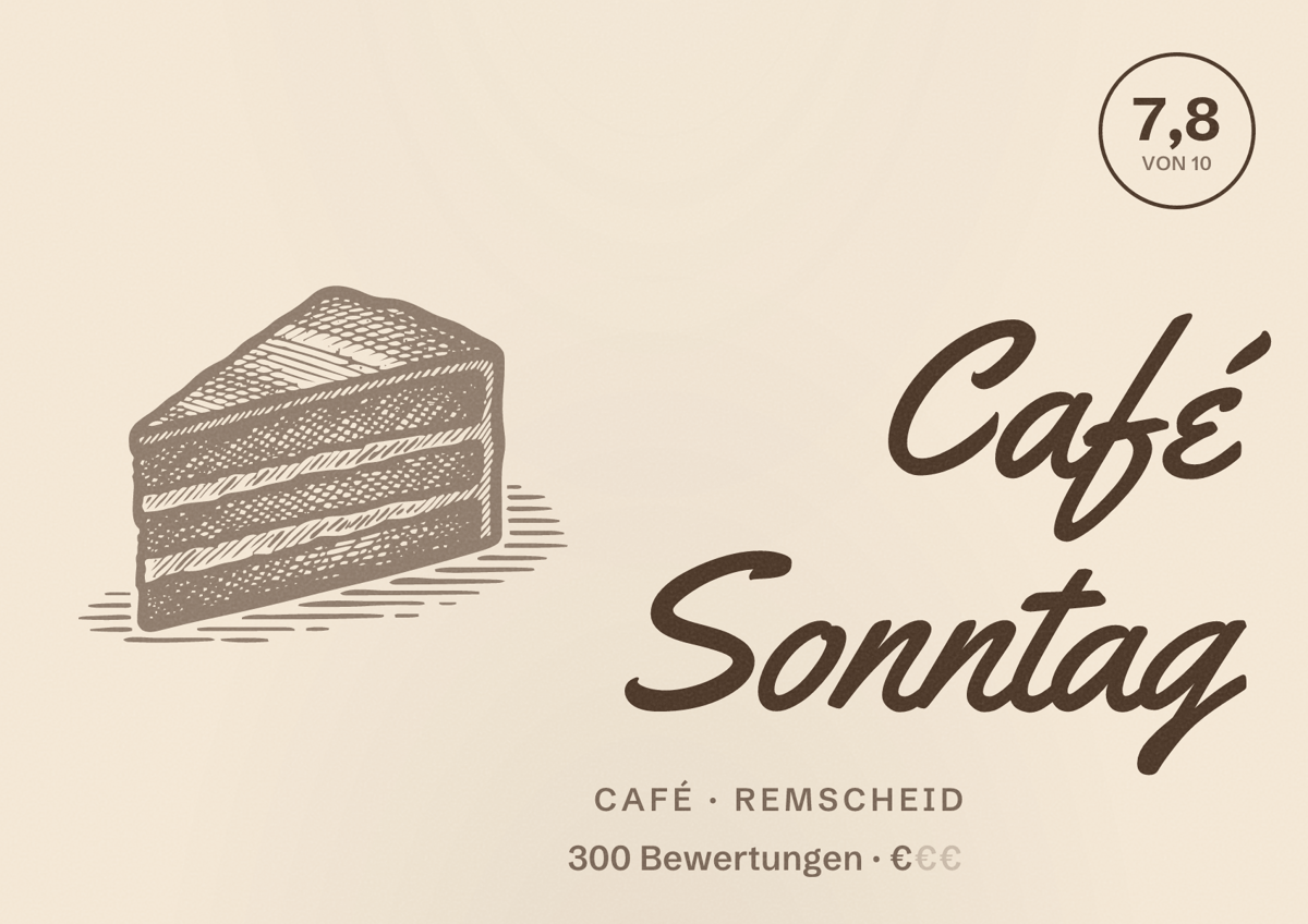 Illustriertes Poster von Café Sonntag, Café in Remscheid: Bewertung 7,8 von 10 aus 300 Bewertungen, Preisniveau €