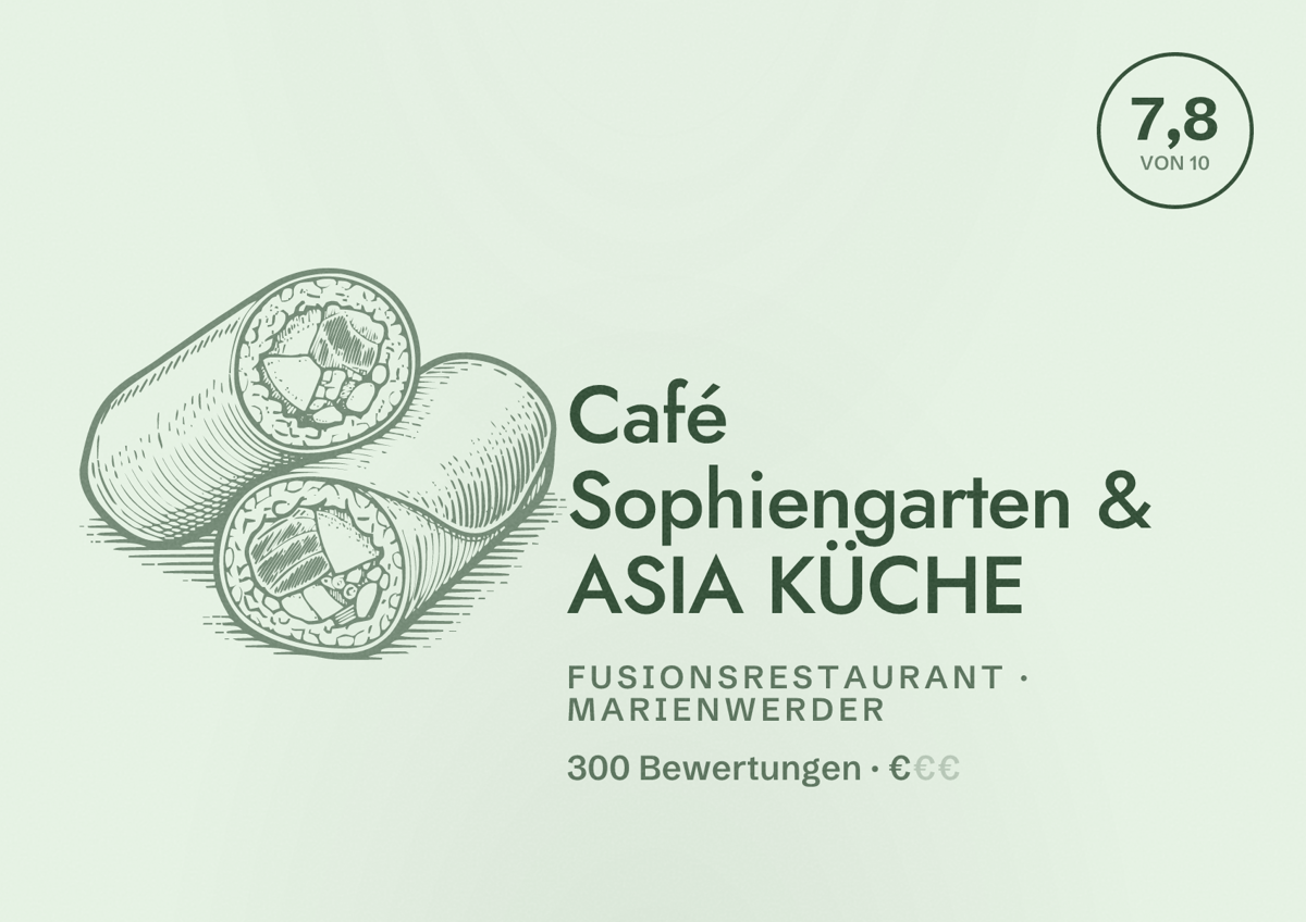 Illustriertes Poster von Café Sophiengarten & ASIA KÜCHE, Fusionsrestaurant in Marienwerder: Bewertung 7,8 von 10 aus 300 Bewertungen, Preisniveau €