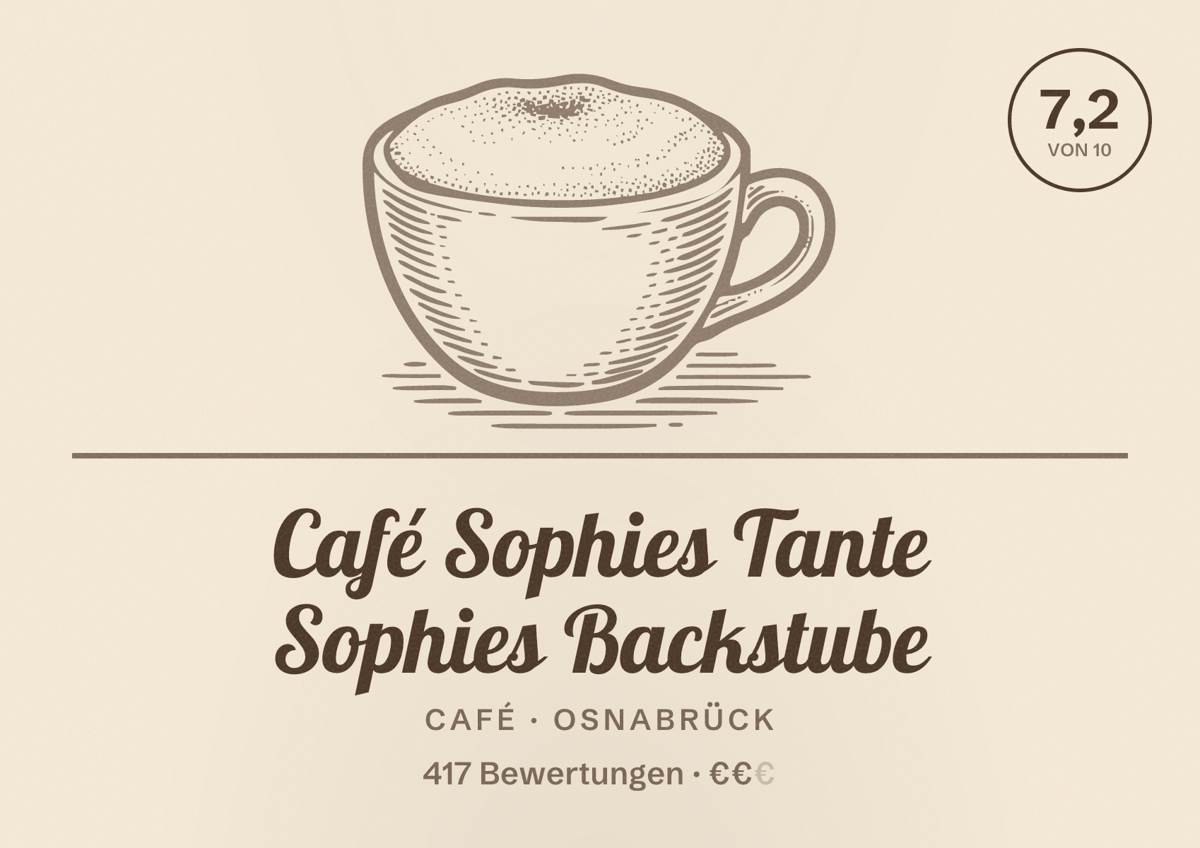 Illustriertes Poster von Café Sophies Tante Sophies Backstube, Café in Osnabrück: Bewertung 7,2 von 10 aus 417 Bewertungen, Preisniveau €€