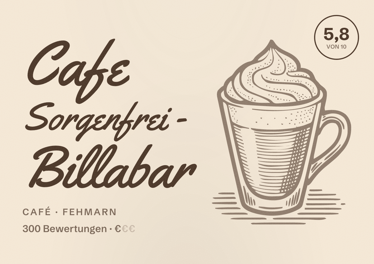 Illustriertes Poster von Cafe Sorgenfrei - Billabar, Café in Fehmarn: Bewertung 5,8 von 10 aus 300 Bewertungen, Preisniveau €