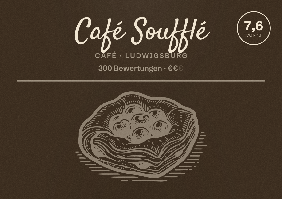 Illustriertes Poster von Café Soufflé, Café in Ludwigsburg: Bewertung 7,6 von 10 aus 300 Bewertungen, Preisniveau €€