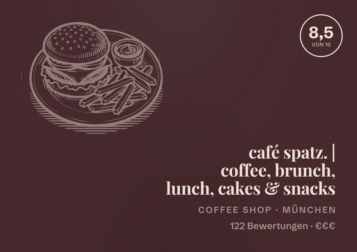Illustriertes Poster von café spatz. | coffee, brunch, lunch, cakes & snacks, Coffee Shop in München: Bewertung 8,5 von 10 aus 122 Bewertungen, Preisniveau €€€
