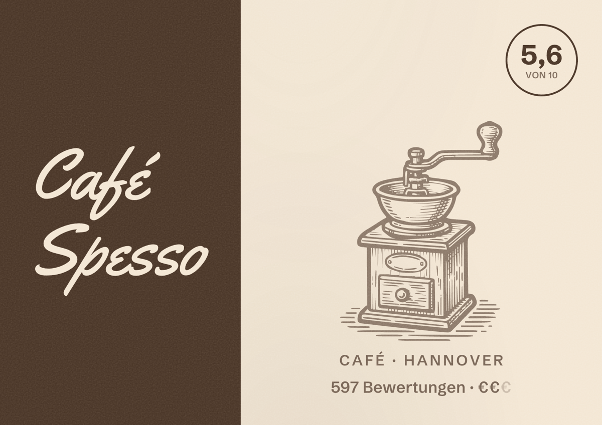 Illustriertes Poster von Café Spesso, Café in Hannover: Bewertung 5,6 von 10 aus 597 Bewertungen, Preisniveau €€