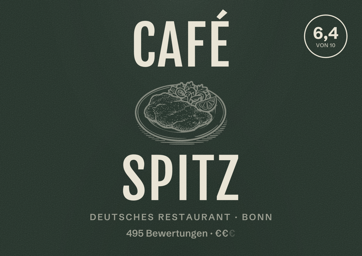 Illustriertes Poster von Café Spitz, Deutsches Restaurant in Bonn: Bewertung 6,4 von 10 aus 495 Bewertungen, Preisniveau €€