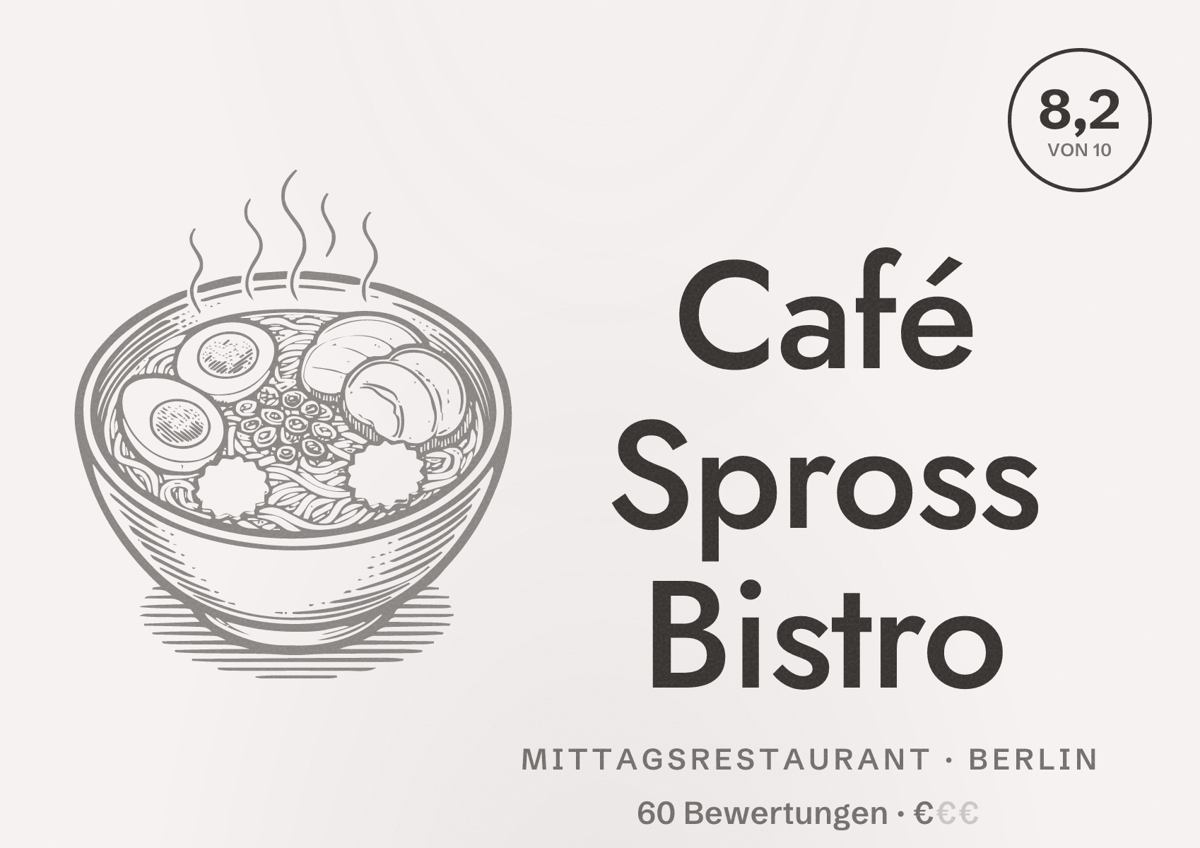 Illustriertes Poster von Café Spross Bistro, Mittagsrestaurant in Berlin: Bewertung 8,2 von 10 aus 60 Bewertungen, Preisniveau €