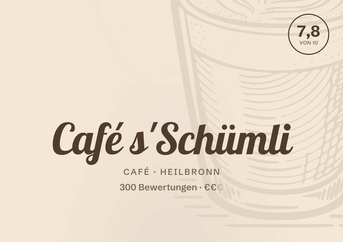 Illustriertes Poster von Café s'Schümli, Café in Heilbronn: Bewertung 7,8 von 10 aus 300 Bewertungen, Preisniveau €€