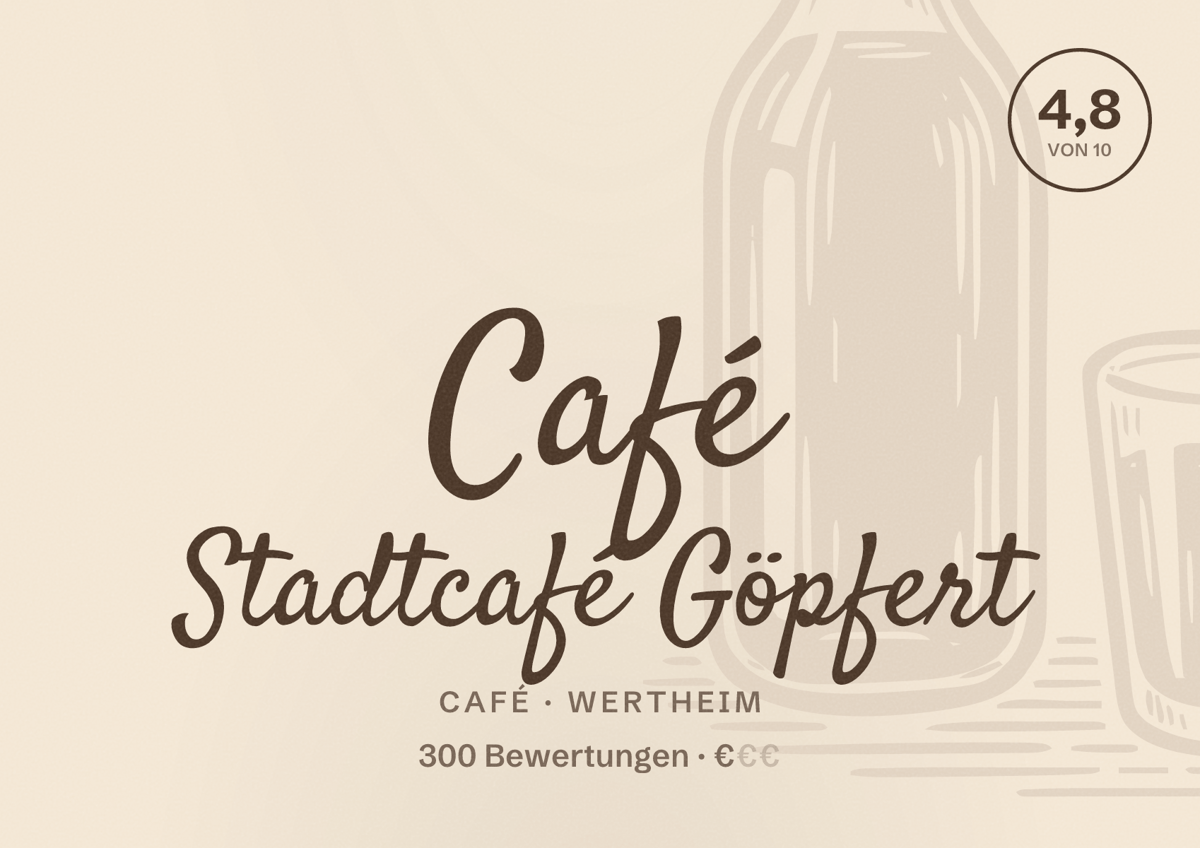 Illustriertes Poster von Café Stadtcafé Göpfert, Café in Wertheim: Bewertung 4,8 von 10 aus 300 Bewertungen, Preisniveau €