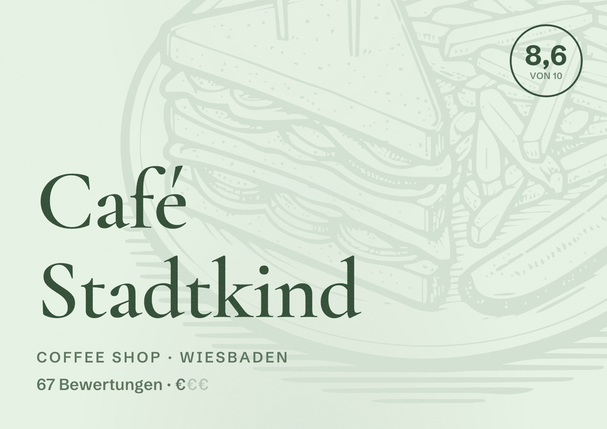 Illustriertes Poster von Café Stadtkind, Coffee Shop in Wiesbaden: Bewertung 8,6 von 10 aus 67 Bewertungen, Preisniveau €