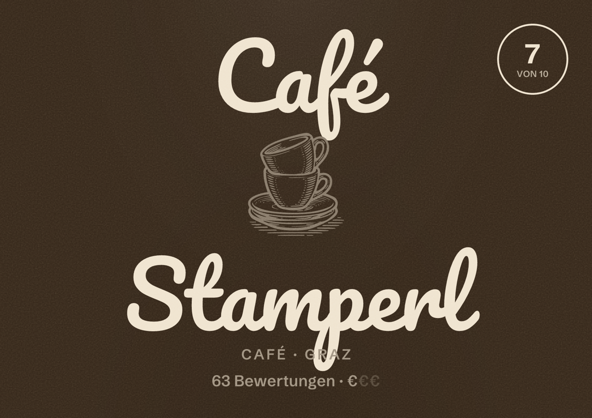 Illustriertes Poster von Café Stamperl, Café in Graz: Bewertung 7 von 10 aus 63 Bewertungen, Preisniveau €