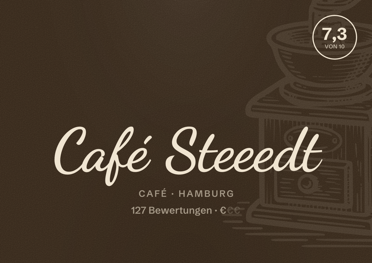 Illustriertes Poster von Café Steeedt, Café in Hamburg: Bewertung 7,3 von 10 aus 127 Bewertungen, Preisniveau €