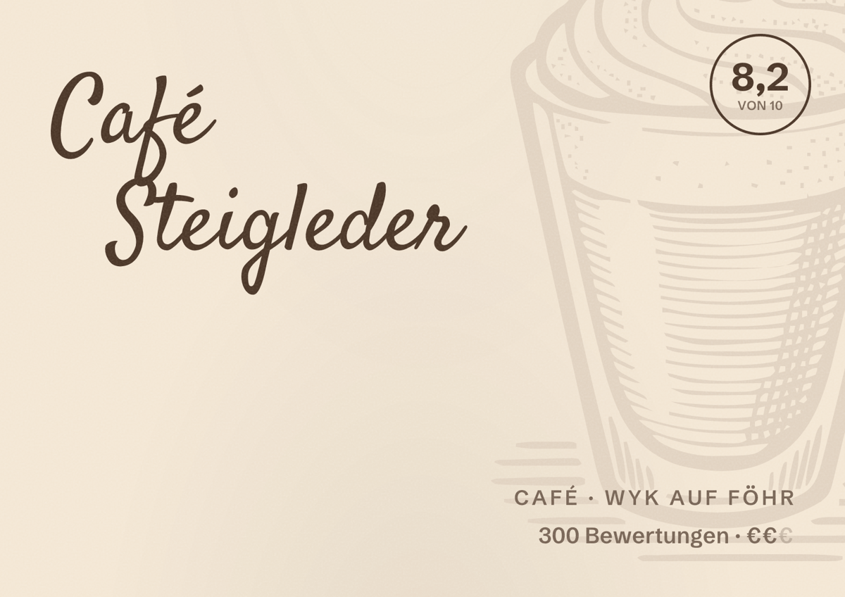 Illustriertes Poster von Café Steigleder, Café in Wyk auf Föhr: Bewertung 8,2 von 10 aus 300 Bewertungen, Preisniveau €€