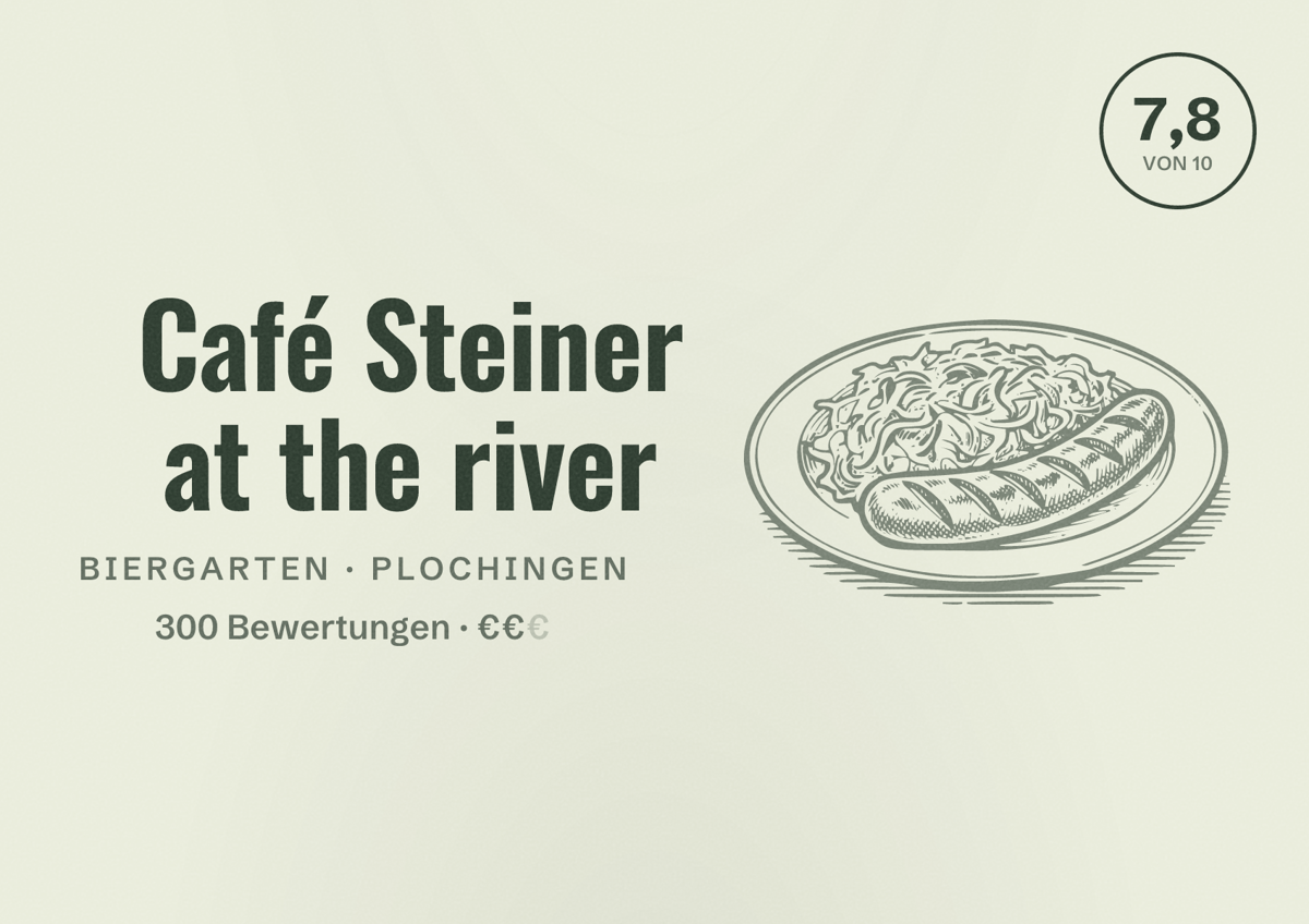 Illustriertes Poster von Café Steiner at the river, Biergarten in Plochingen: Bewertung 7,8 von 10 aus 300 Bewertungen, Preisniveau €€