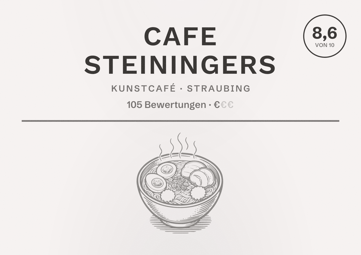 Illustriertes Poster von Cafe Steiningers, Kunstcafé in Straubing: Bewertung 8,6 von 10 aus 105 Bewertungen, Preisniveau €