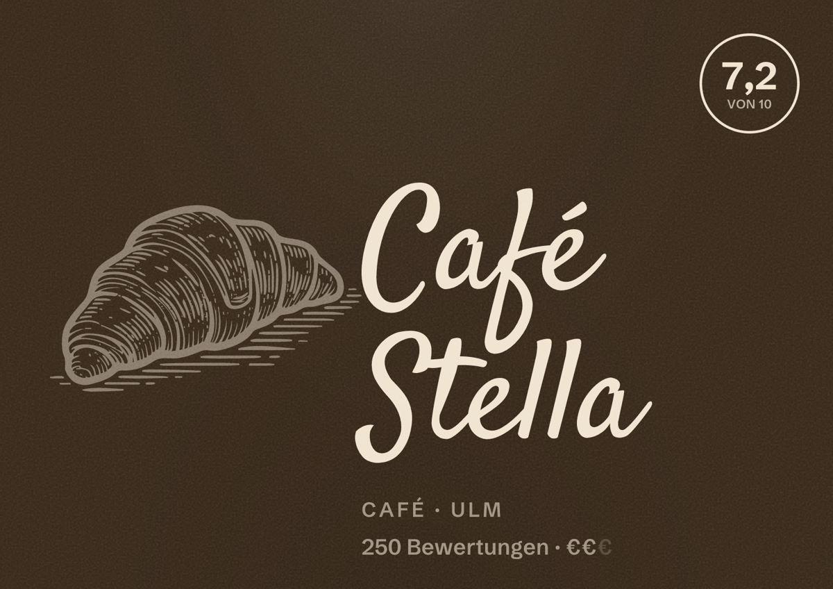 Illustriertes Poster von Café Stella, Café in Ulm: Bewertung 7,2 von 10 aus 250 Bewertungen, Preisniveau €€