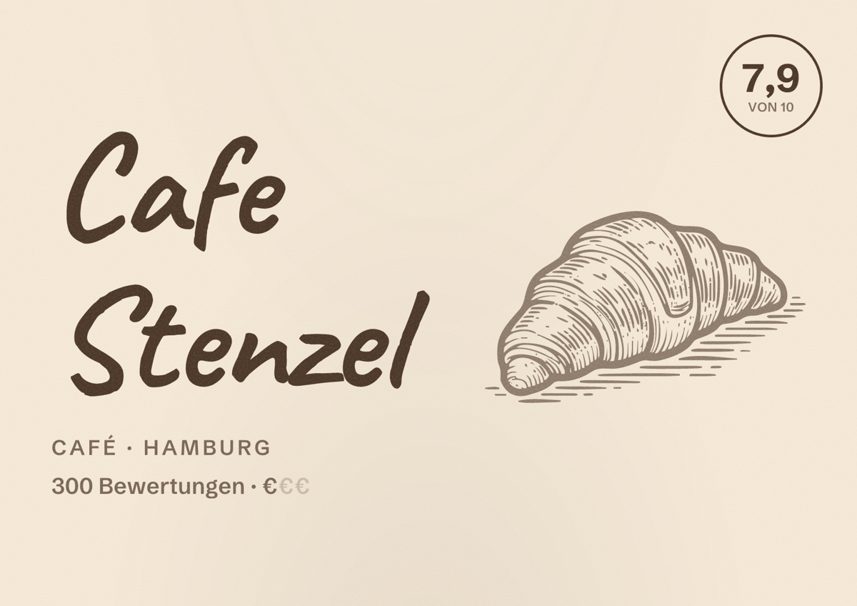 Illustriertes Poster von Cafe Stenzel, Café in Hamburg: Bewertung 7,9 von 10 aus 300 Bewertungen, Preisniveau €